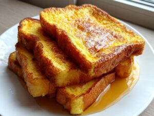 A close-up stack of thick, golden-brown french toast slices drizzled with maple syrup on a white plate.