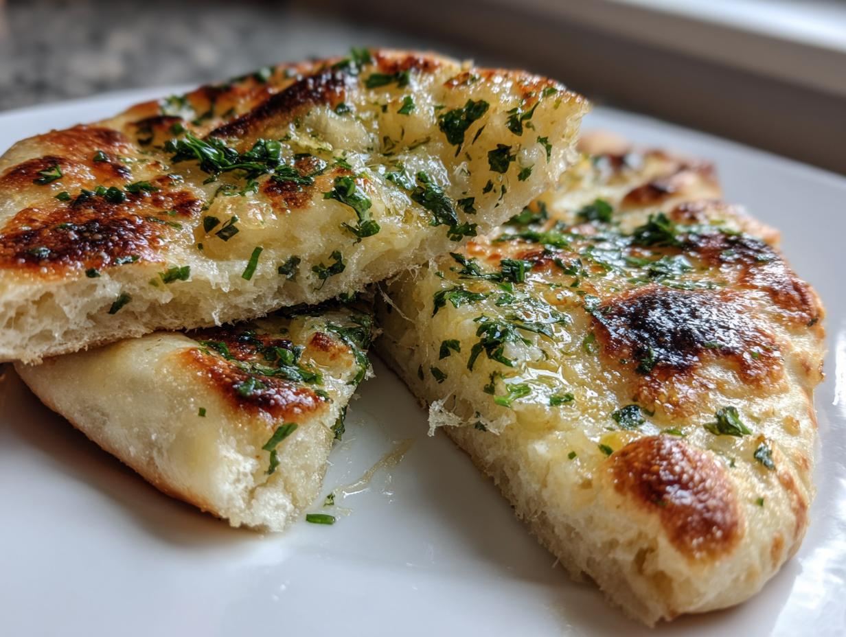 Close-up of fluffy, golden-brown naan bread pieces brushed with melted butter, garlic, and topped with fresh green herbs.