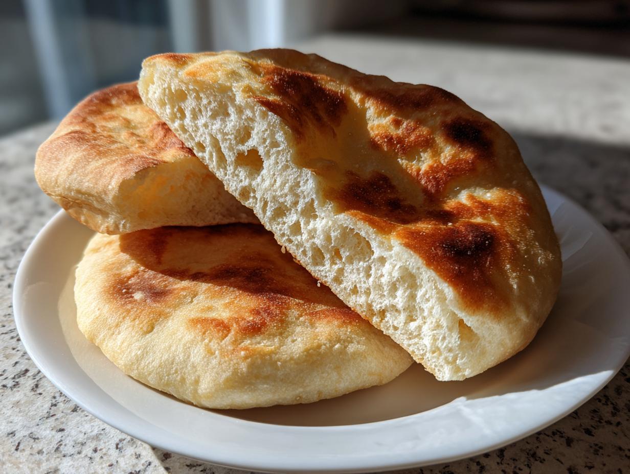 Close-up of fluffy, golden-brown homemade pita bread, one piece split open showing the airy interior.