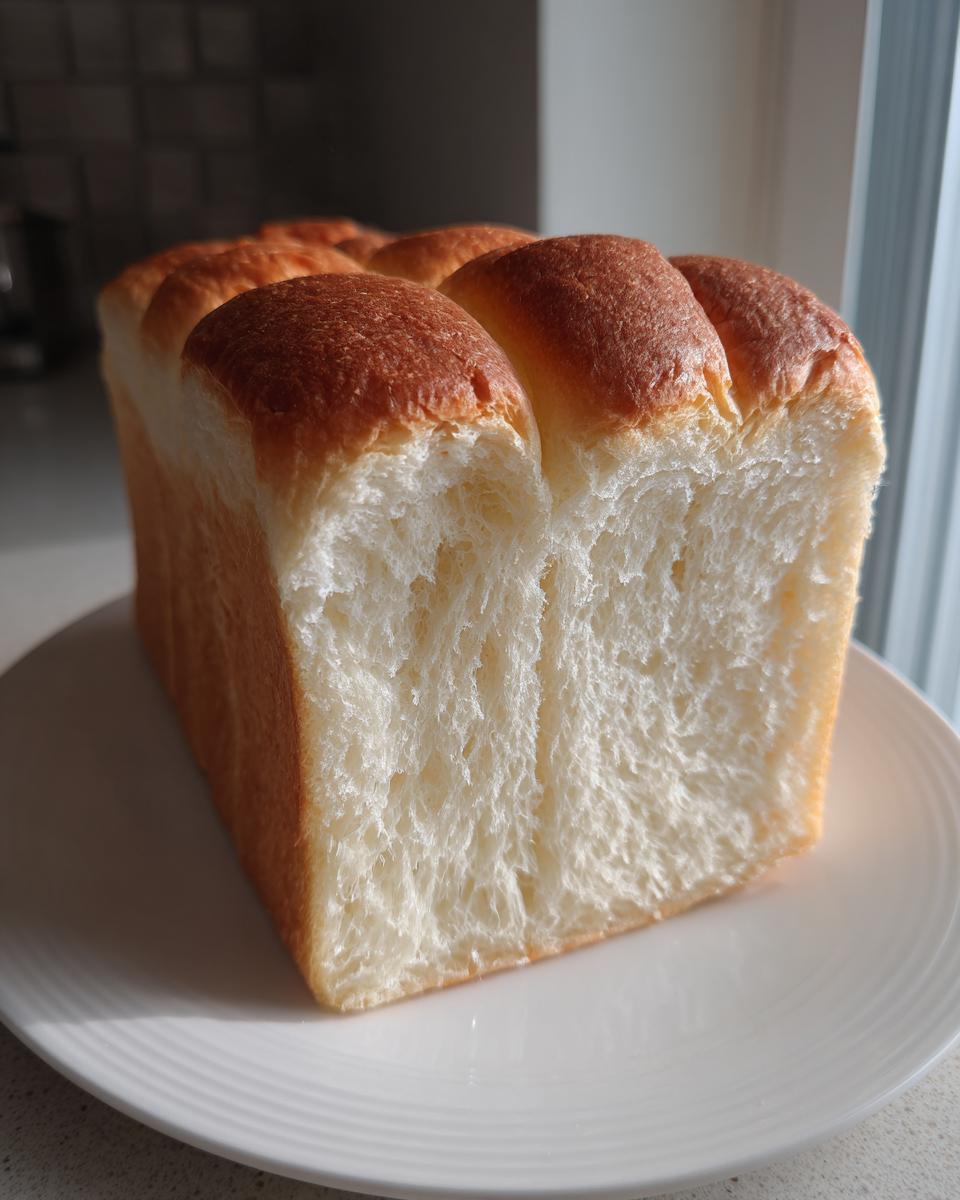 A close-up of a freshly baked japanese milk bread loaf showing its incredibly soft, white, and fluffy interior crumb.