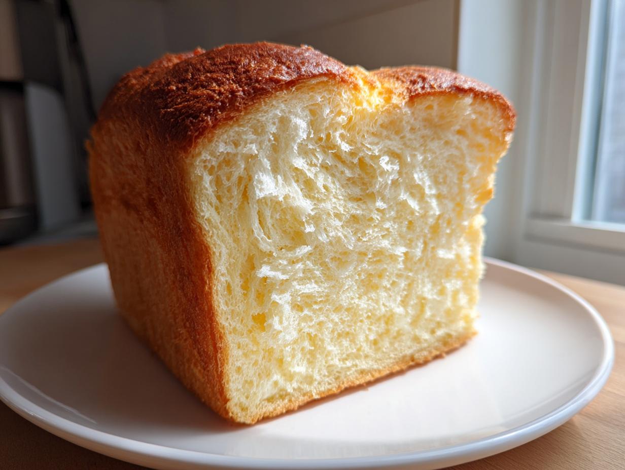 A close-up cross-section showing the incredibly soft, white, and fluffy crumb of homemade japanese milk bread.