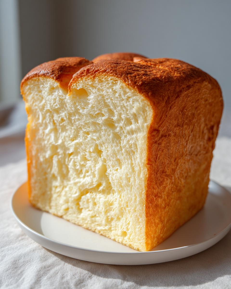 A close-up cross-section of a freshly baked Japanese milk bread loaf showing its incredibly soft, fluffy texture.