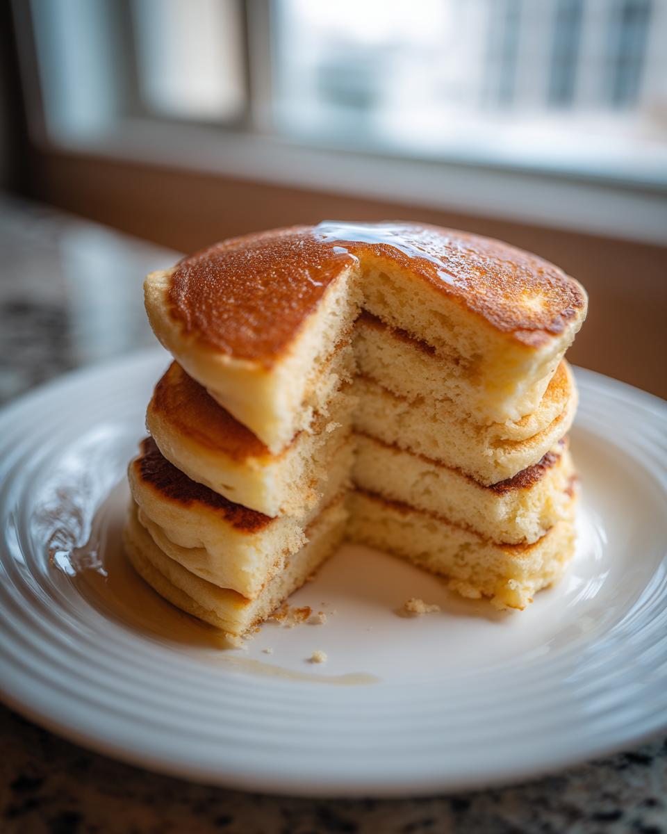 Close-up of a stack of four incredibly fluffy pancakes with a slice cut out, drizzled with syrup.