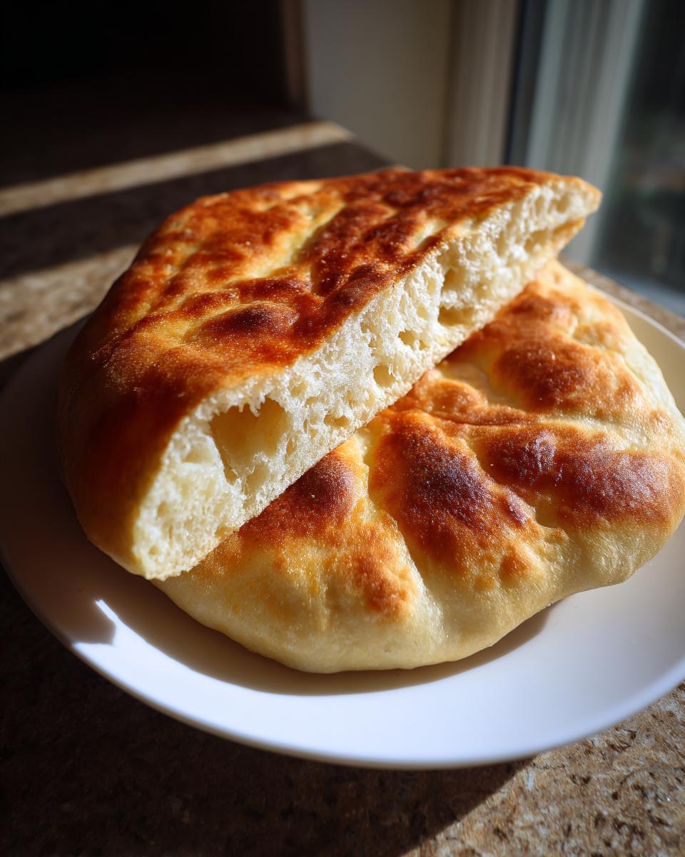 A golden brown, fluffy homemade pita bread cut in half, showing the airy interior texture.