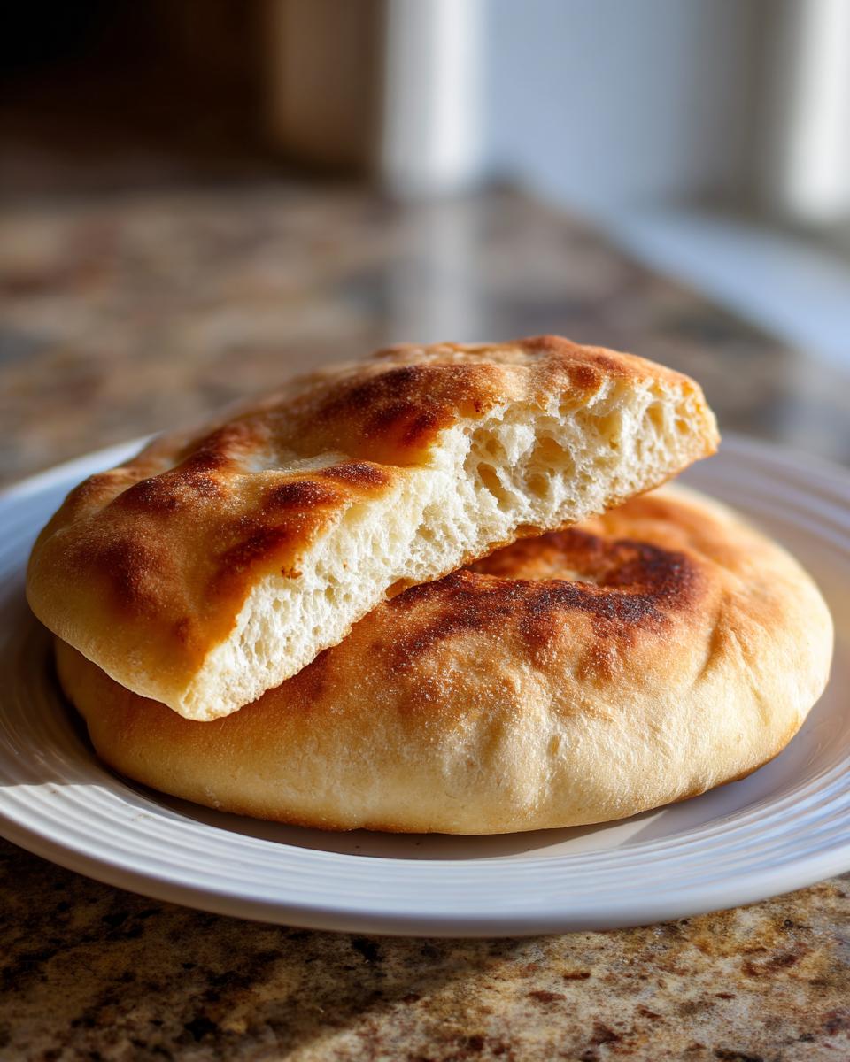 Close-up of homemade pita bread, one piece cut open to show the fluffy interior texture.