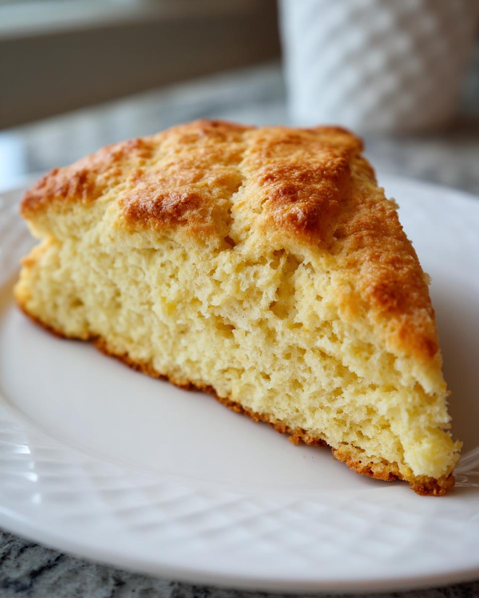 Close-up of a freshly baked, golden-topped scone showing its light, fluffy interior texture.