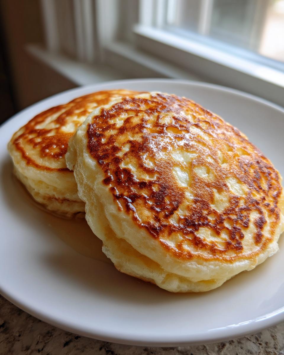 Two thick, fluffy ricotta pancakes stacked on a white plate, glistening with syrup.