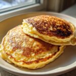 Two perfectly golden and fluffy ricotta pancakes stacked on a light-colored plate near a sunny window.