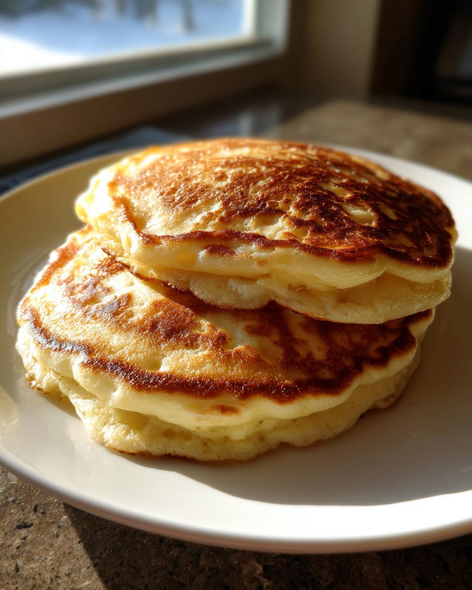 A stack of three fluffy ricotta pancakes with golden brown edges served on a white plate near a sunny window.