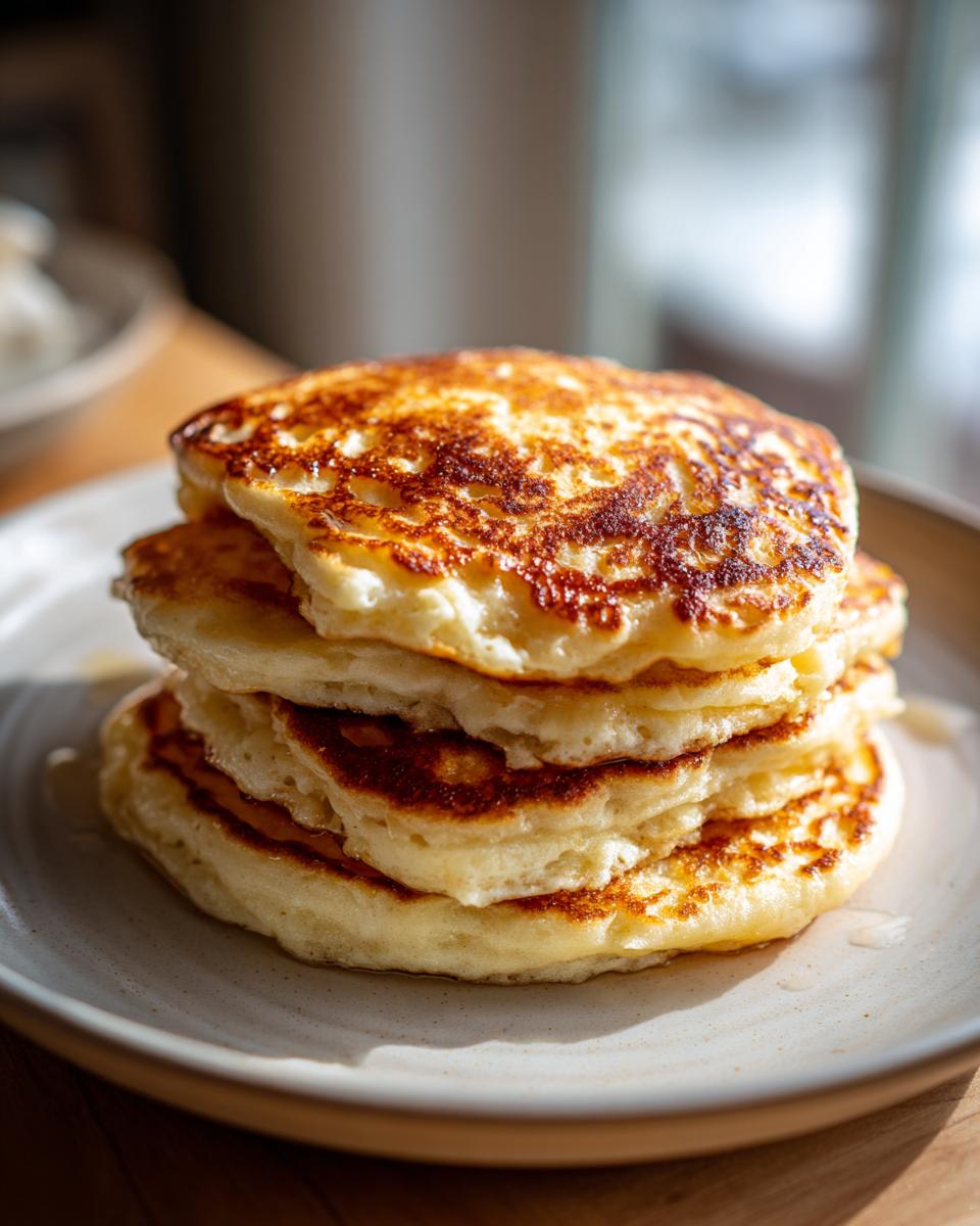 A tall stack of four fluffy ricotta pancakes with perfectly golden-brown, caramelized tops sitting on a speckled white plate.