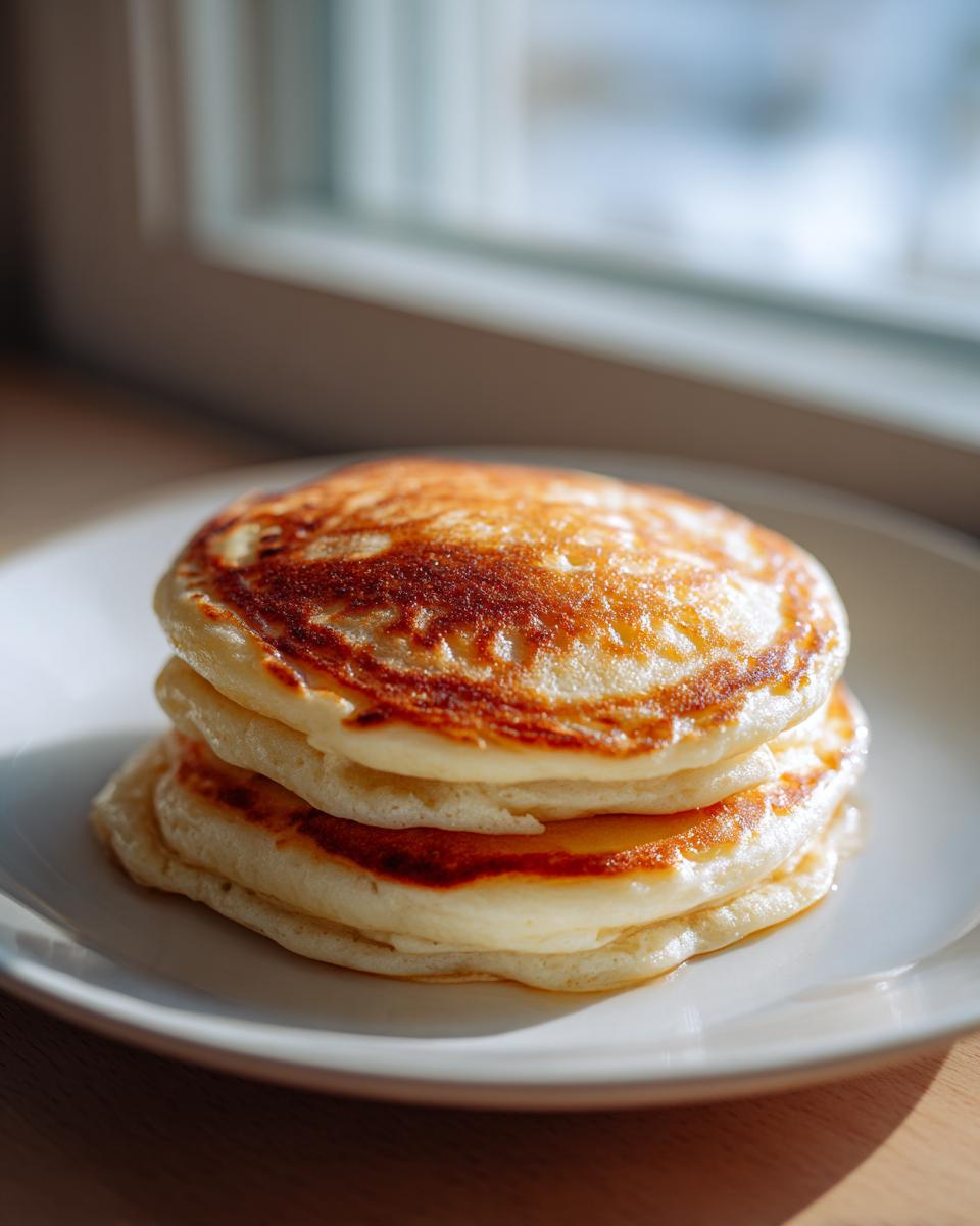 A close-up of three fluffy ricotta pancakes stacked on a white plate, perfectly golden brown.
