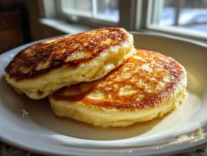 Two thick, golden brown ricotta pancakes stacked slightly, sitting in a pool of syrup on a white plate.