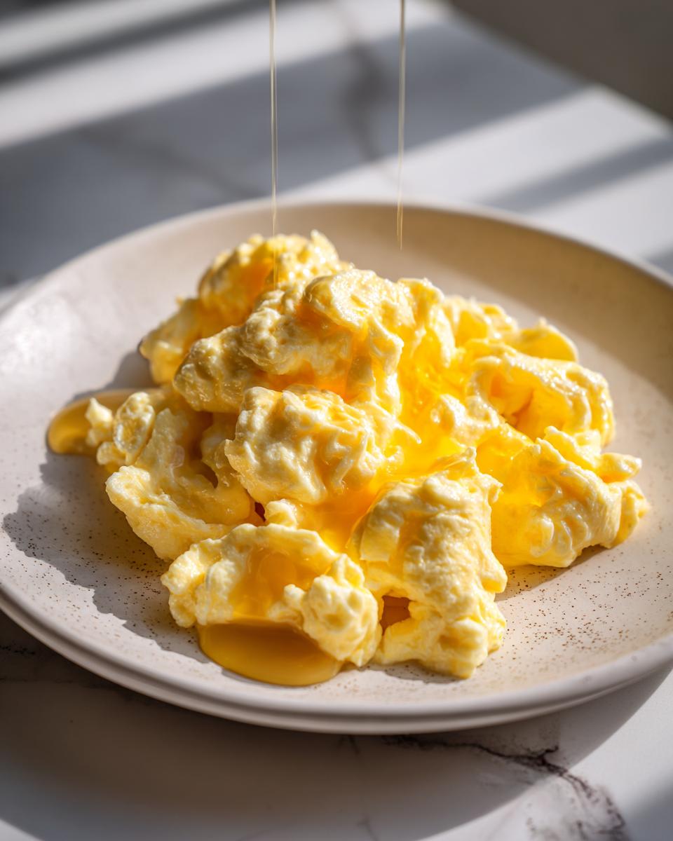 Close-up of creamy, fluffy scrambled eggs on a speckled plate with melted butter drizzling on top.