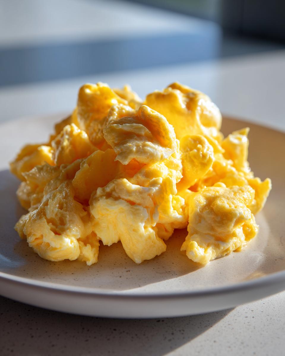 Close-up of perfectly cooked, fluffy scrambled eggs piled high on a light-colored plate.