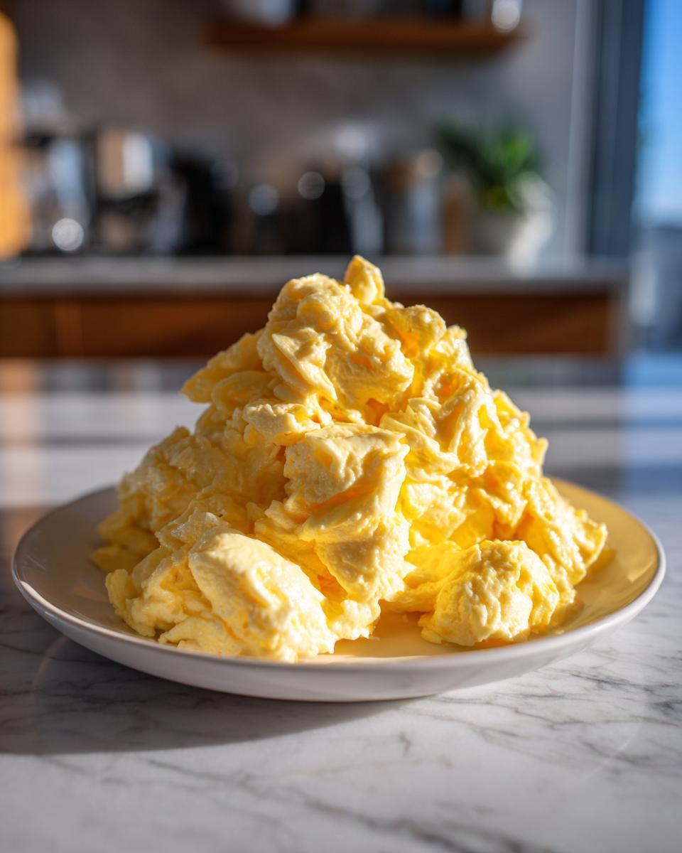 A generous mound of creamy, bright yellow scrambled eggs served on a white plate on a marble counter.