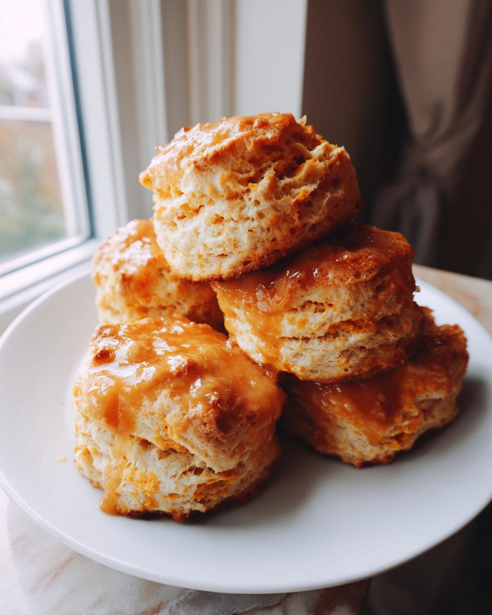 A stack of five fluffy sweet potato biscuits drizzled with a shiny orange glaze, sitting on a white plate near a window.