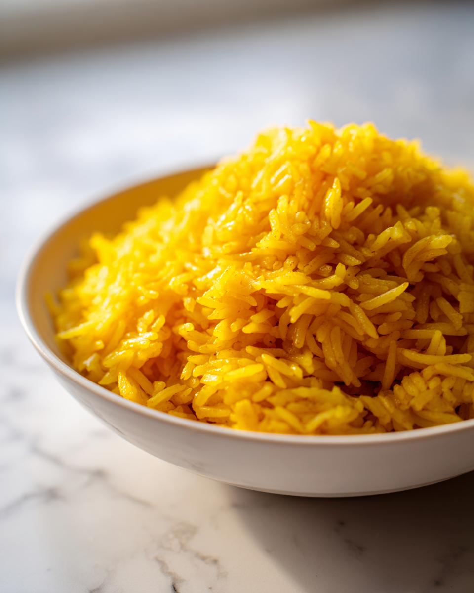 Close-up of a white bowl filled with vibrant, fluffy turmeric rice, sitting on a marble surface.
