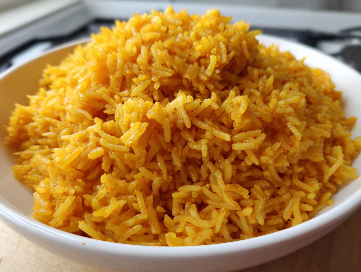 A close-up of vibrant, fluffy turmeric rice served in a white bowl, showcasing its rich yellow color.