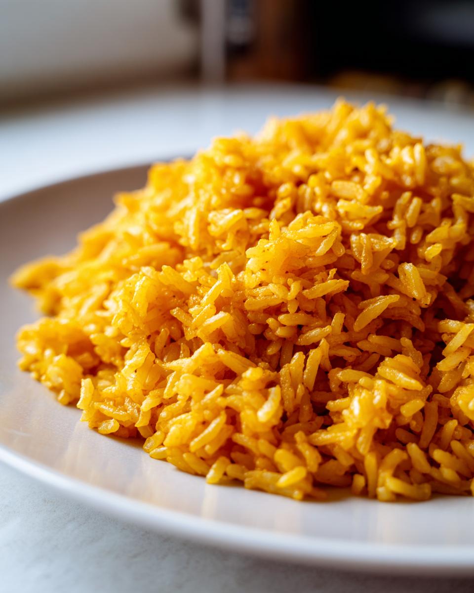 Close-up shot of a mound of vibrant yellow turmeric rice served on a light-colored plate.
