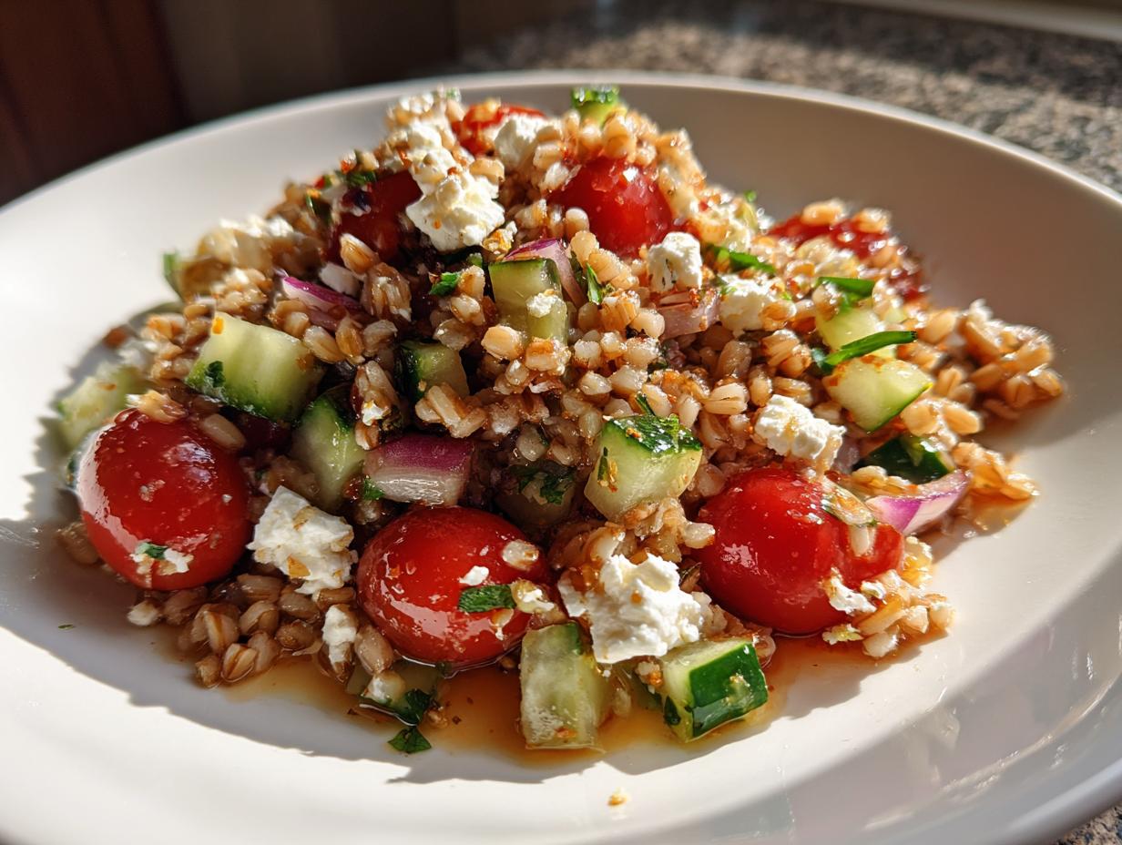 A vibrant close-up of a fresh farro salad featuring whole cherry tomatoes, diced cucumber, red onion, and crumbled feta cheese.