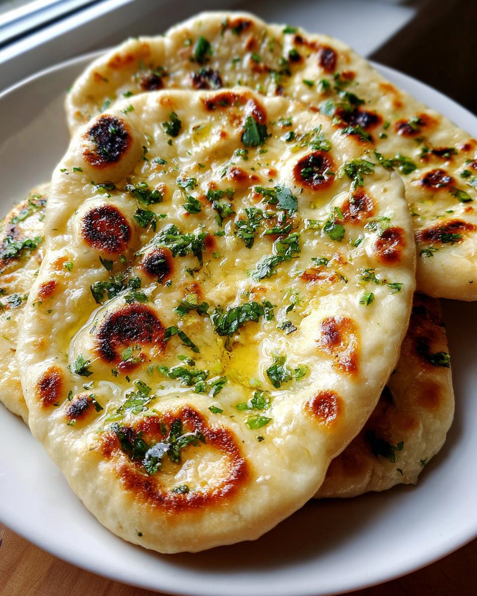 Close-up of freshly cooked naan bread brushed with melted butter and topped with chopped green herbs.