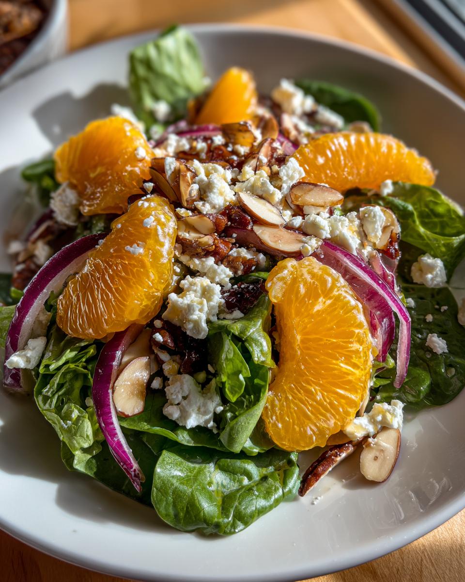 Close-up of a fresh mandarin orange salad featuring spinach, feta cheese, red onion, and sliced almonds.