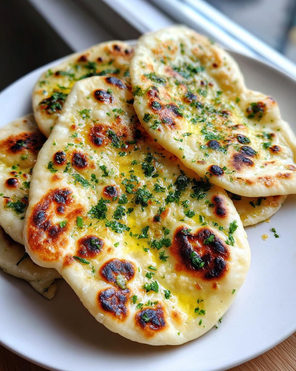 A stack of fluffy, freshly cooked naan bread brushed with melted butter and sprinkled with fresh green herbs.