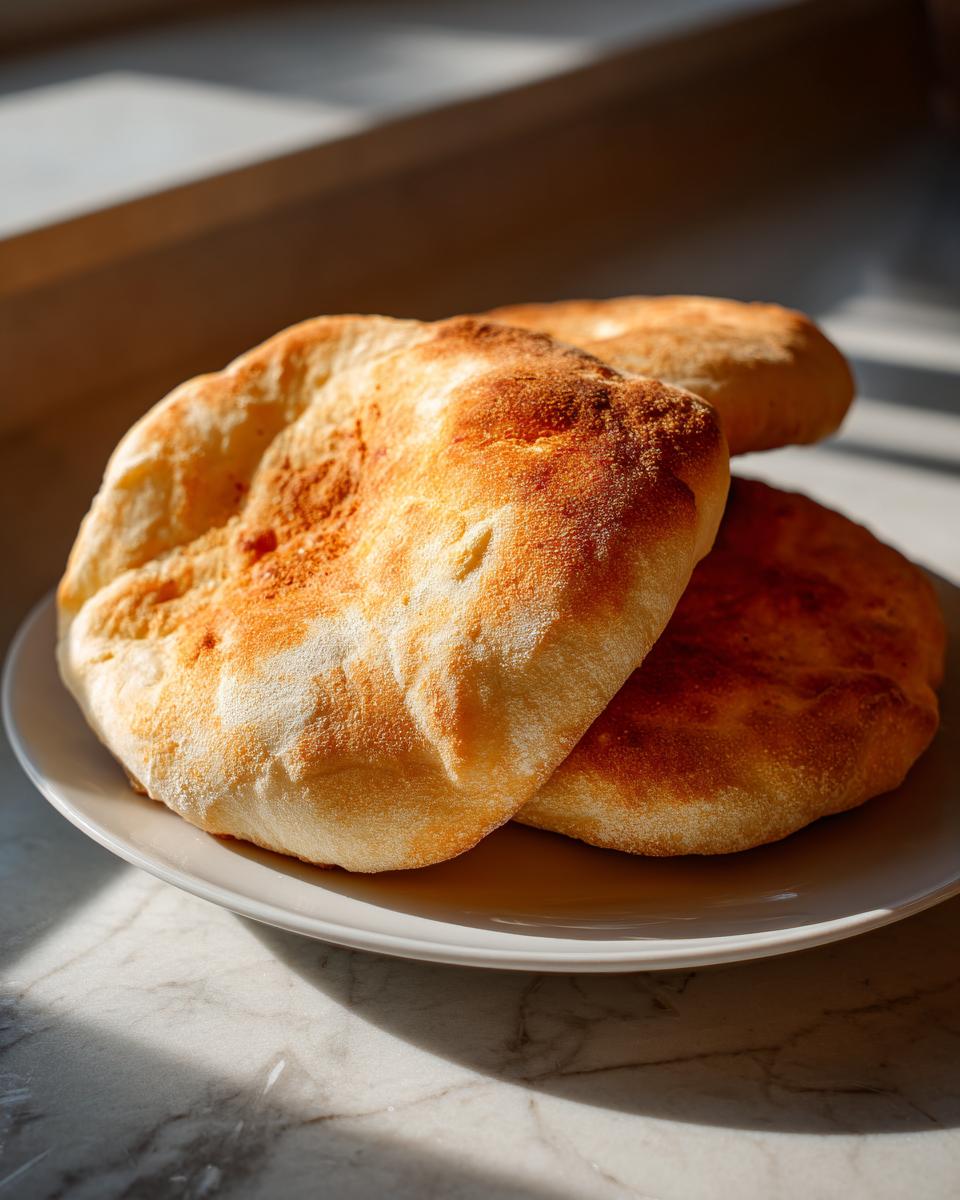 Three golden brown, freshly baked pita bread rounds stacked on a white plate near a sunlit window.