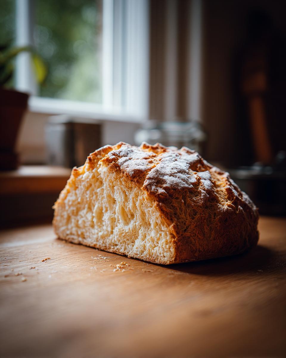 A rustic, golden-crusted loaf of soda bread cut open, showing its soft interior on a wooden surface.