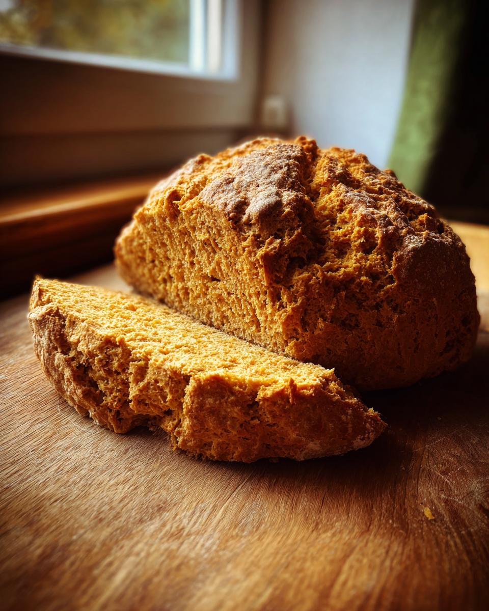 A rustic loaf of golden brown soda bread with one thick slice cut and resting beside it on a wooden board.