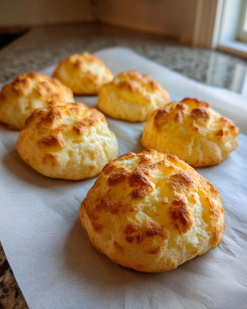 Six golden brown, fluffy cloud bread portions baked on parchment paper, showing a light, airy texture.
