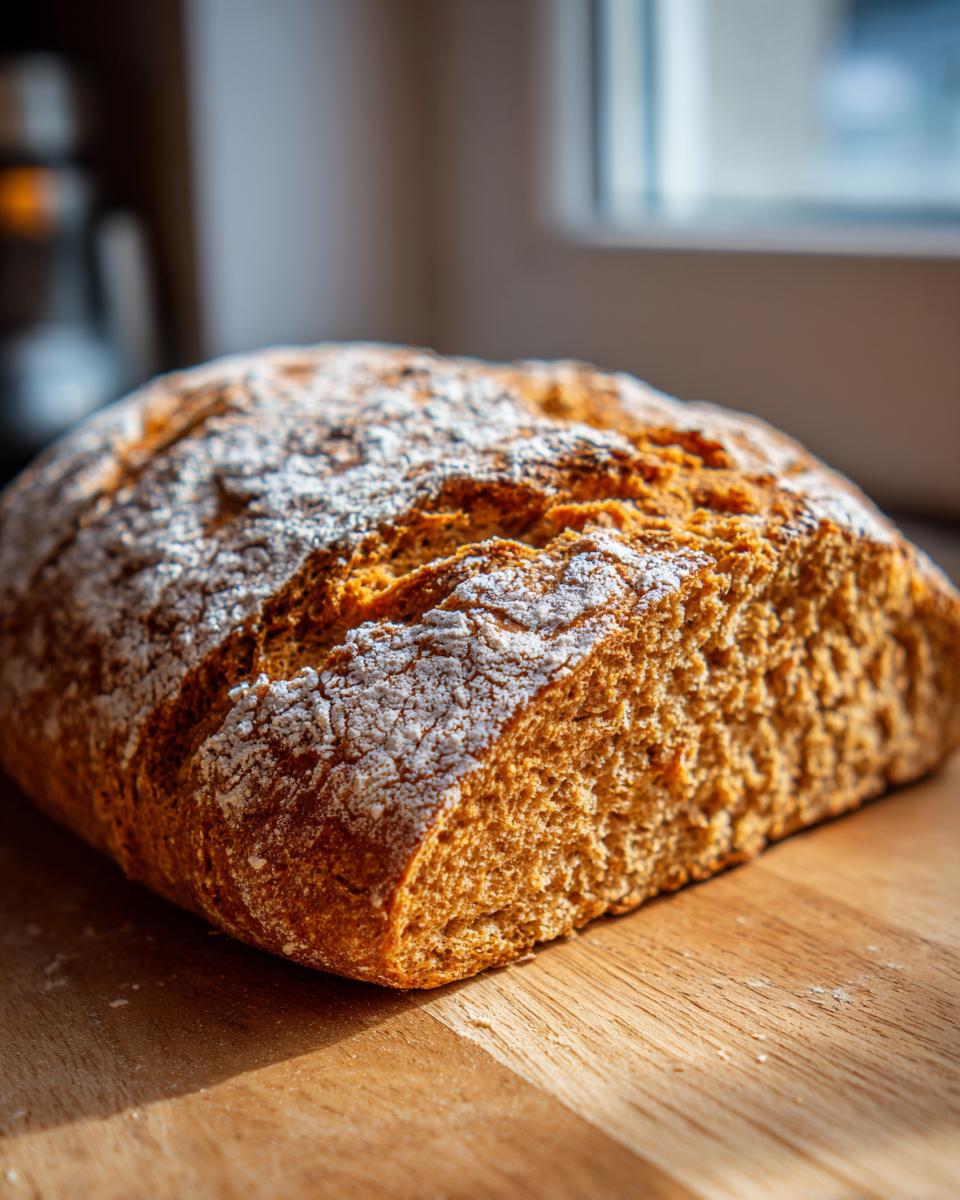 Close-up of a rustic loaf of homemade soda bread dusted with flour, resting on a wooden cutting board.