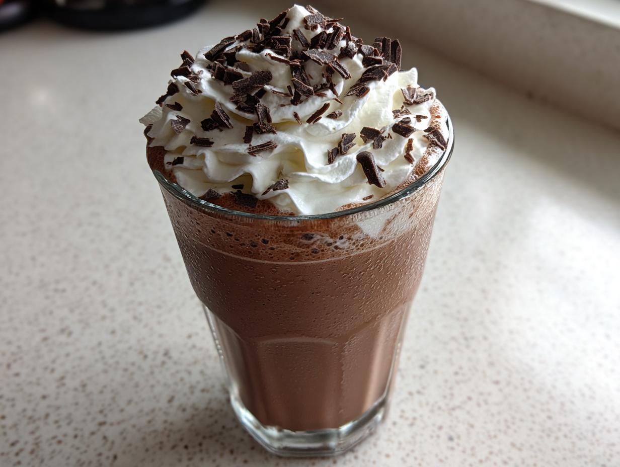 A tall glass filled with blended frozen hot chocolate, topped with whipped cream and chocolate shavings.