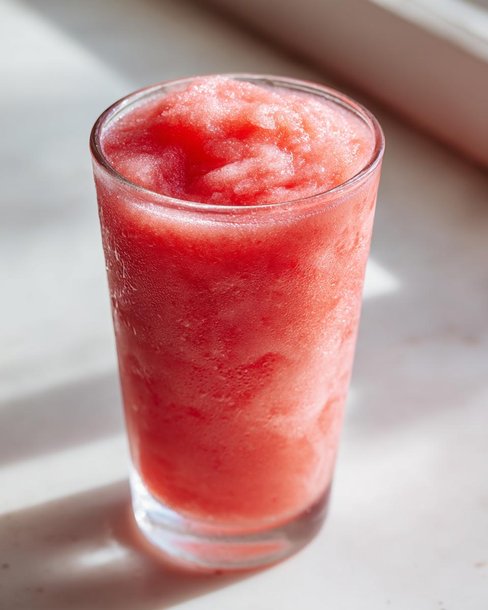 Close-up of a tall glass filled with a vibrant, icy strawberry daiquiri, showing condensation on the glass.