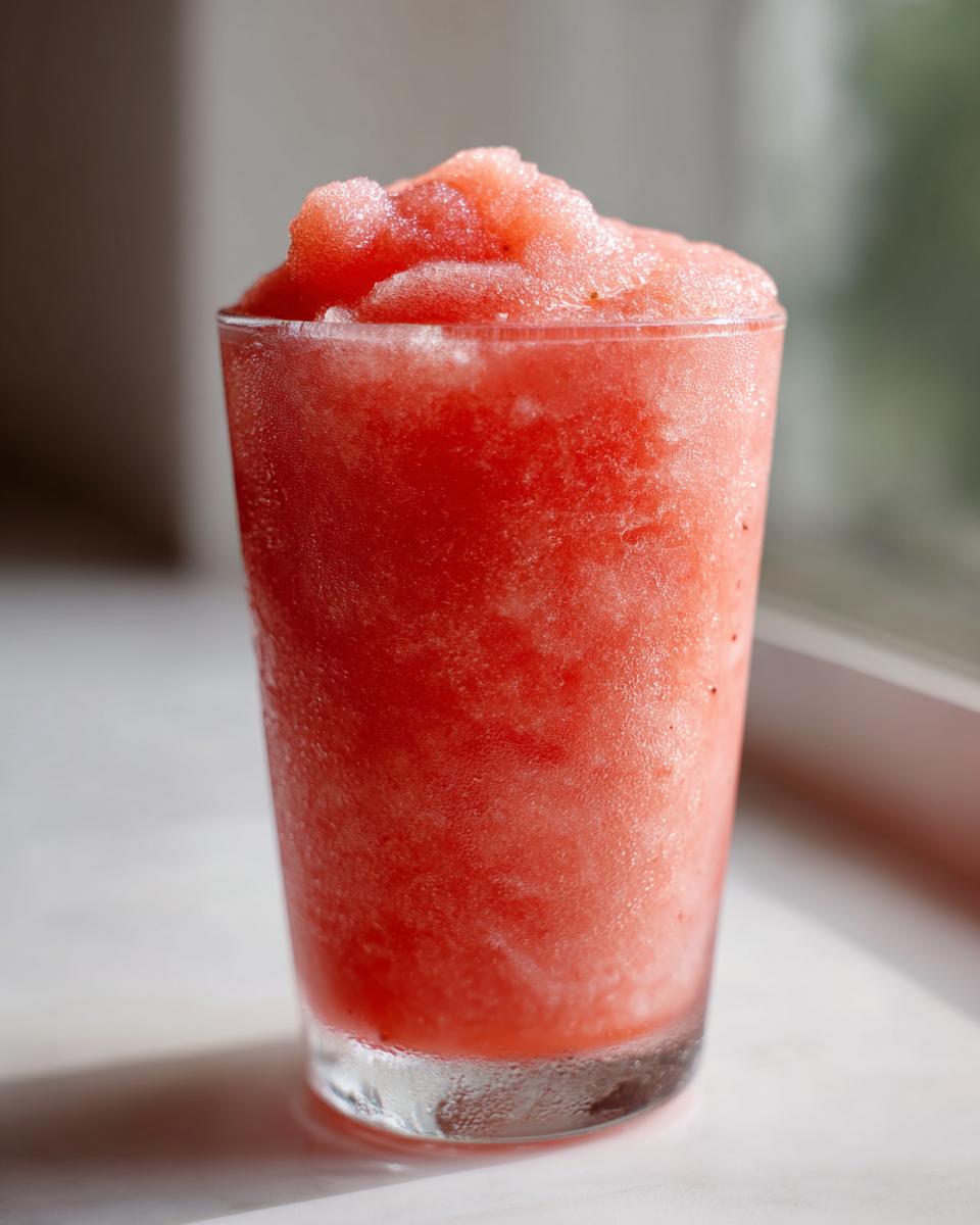 Close-up of a tall glass filled with a vibrant red, icy strawberry daiquiri mix.