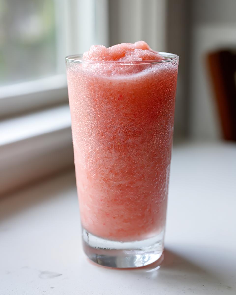 A tall glass filled with a perfectly blended, icy strawberry daiquiri, showing condensation on the outside.