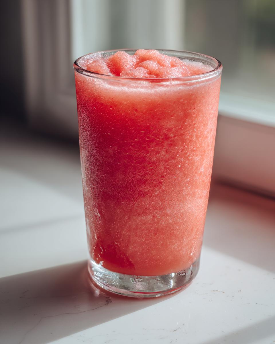 A tall glass filled with a vibrant, icy strawberry daiquiri, showing condensation on the glass.