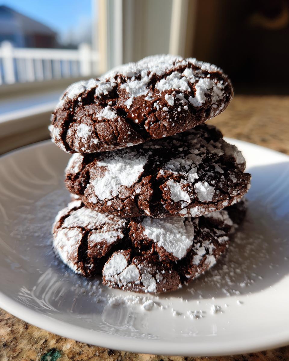 A stack of three fudgy chocolate crinkle cookies generously dusted with white powdered sugar, sitting on a white plate.