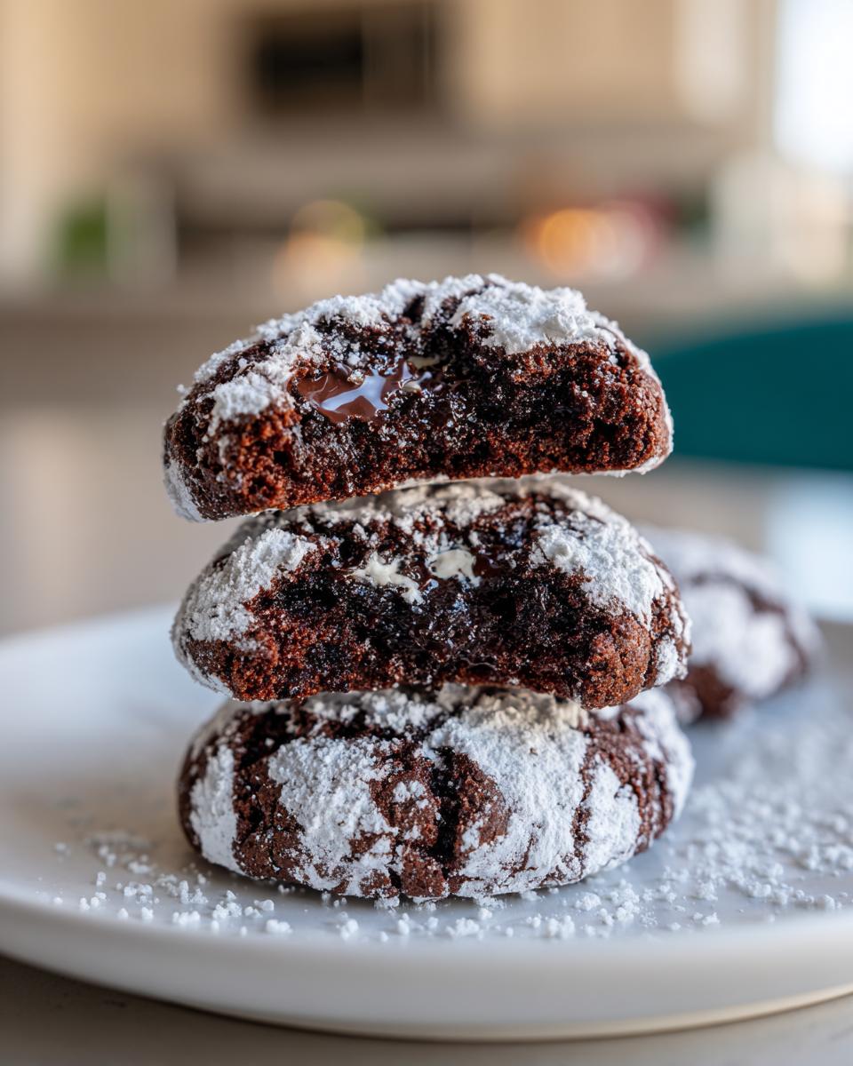 A stack of three fudgy chocolate crinkle cookies dusted heavily with powdered sugar, showing a gooey center.