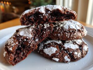 Close-up of fudgy chocolate crinkle cookies dusted heavily with powdered sugar, one cookie broken open to show the soft interior.