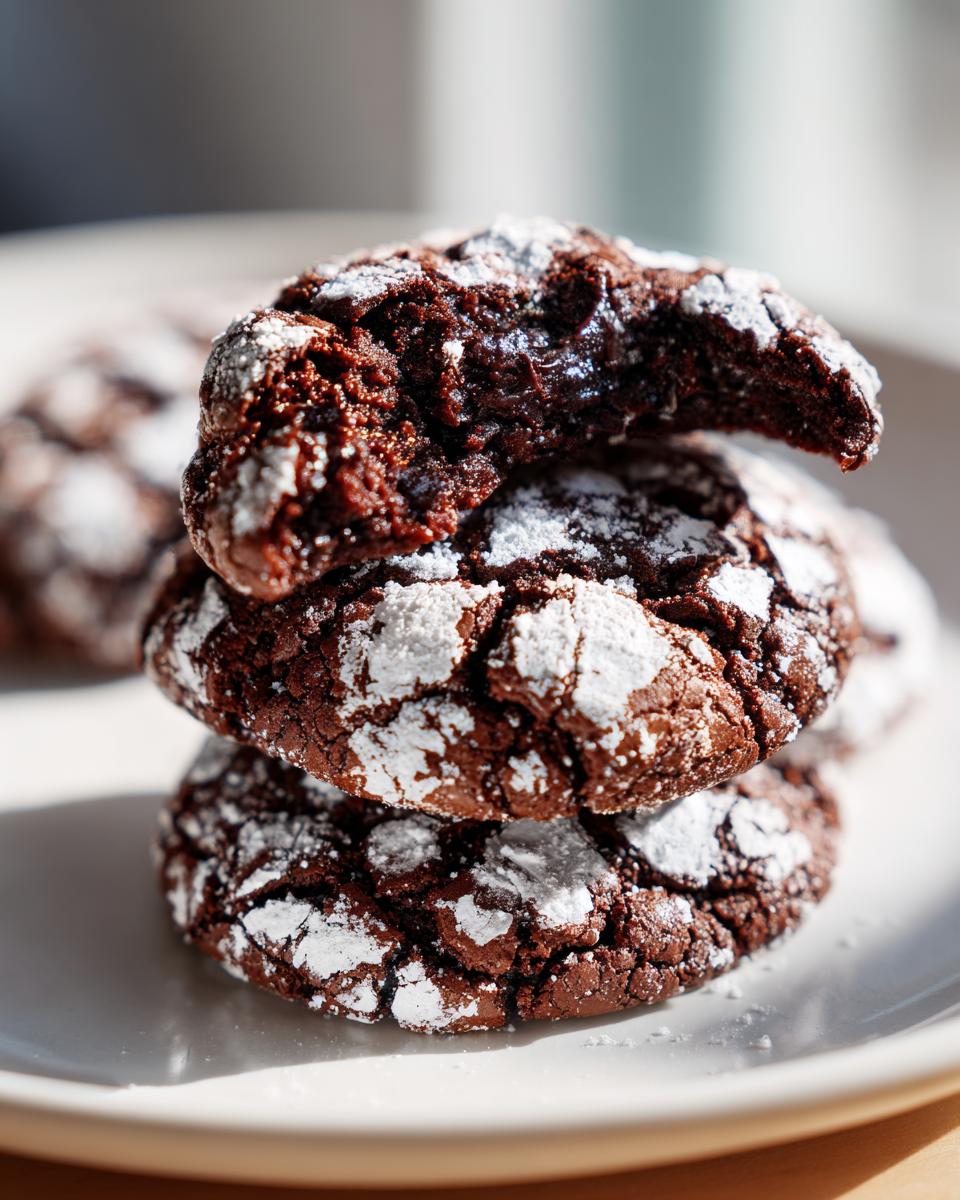 A stack of three fudgy chocolate crinkle cookies dusted heavily with powdered sugar, one on top is broken open.