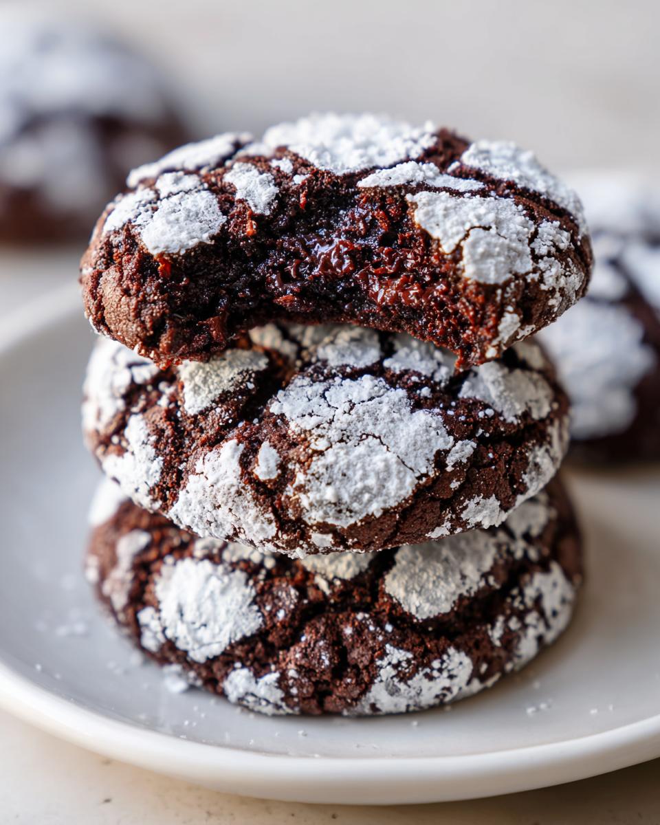 A stack of three fudgy chocolate crinkle cookies dusted heavily with powdered sugar.