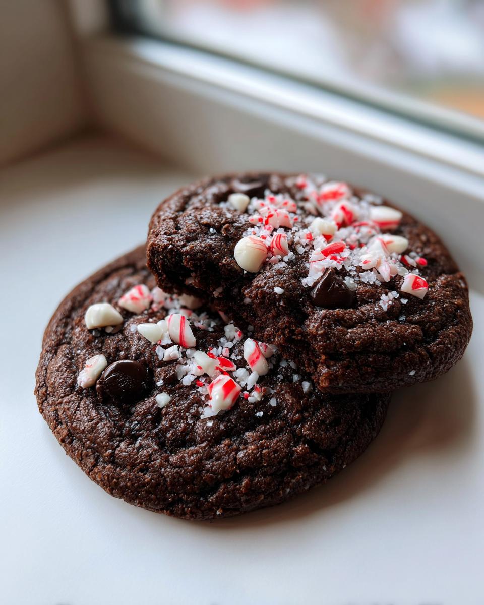 Two fudgy chocolate peppermint cookies stacked, topped with white chocolate chips and crushed peppermint candy.