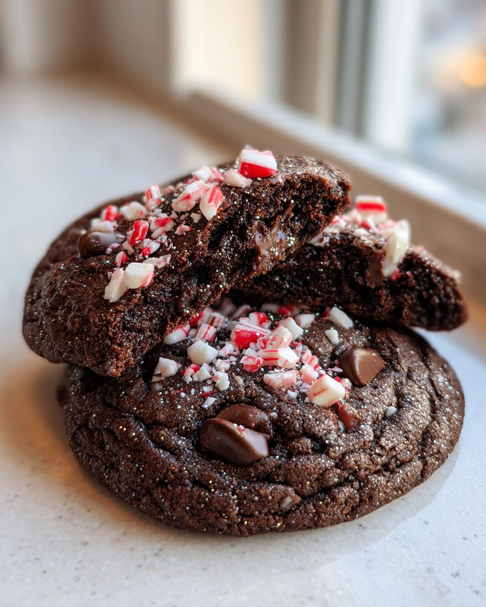 A fudgy chocolate peppermint cookie broken in half, showing the soft interior and topped with crushed candy canes.