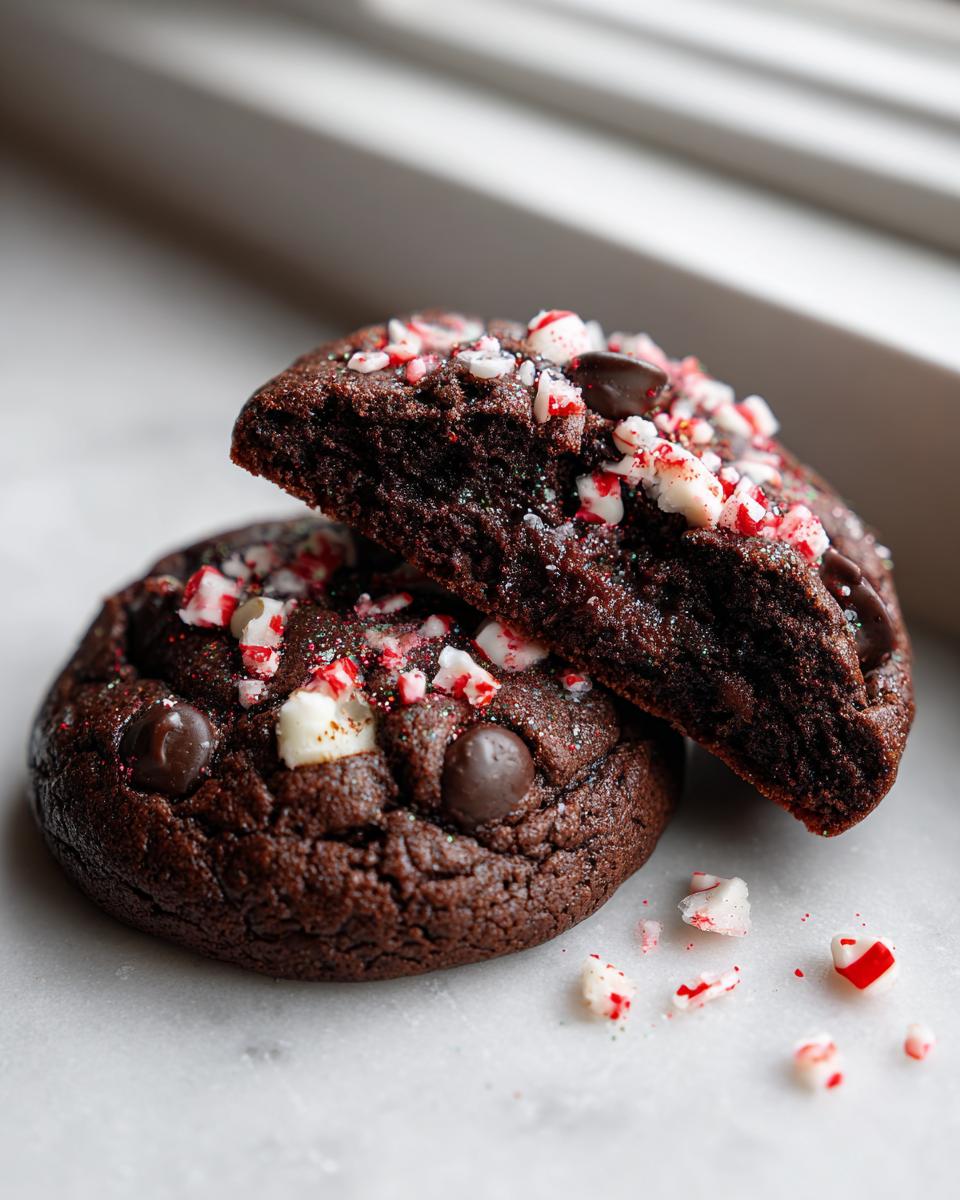 Close-up of fudgy chocolate peppermint cookies, one whole and one cut to show the soft interior.
