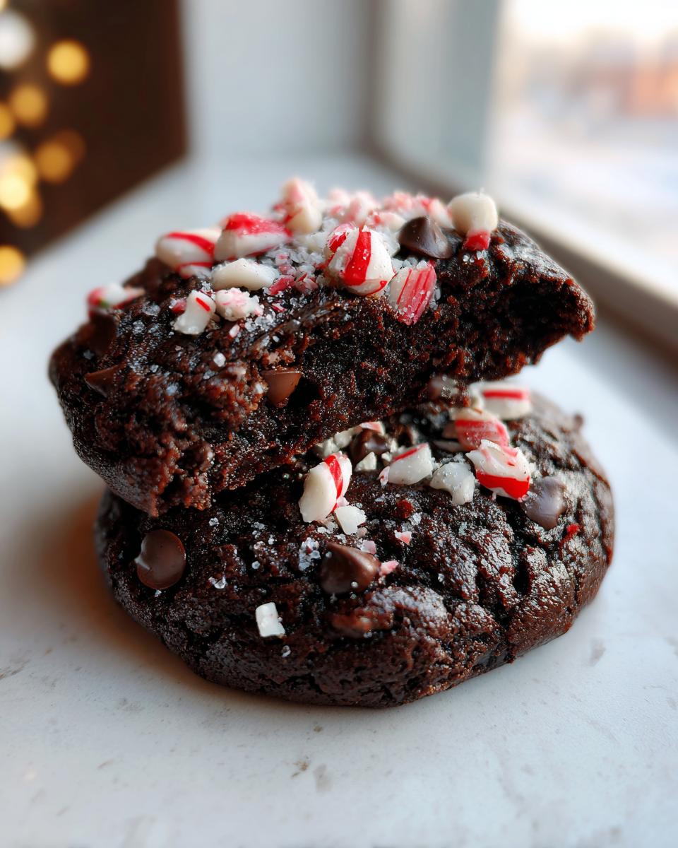 Two fudgy chocolate peppermint cookies stacked, topped with crushed candy canes and chocolate chips.