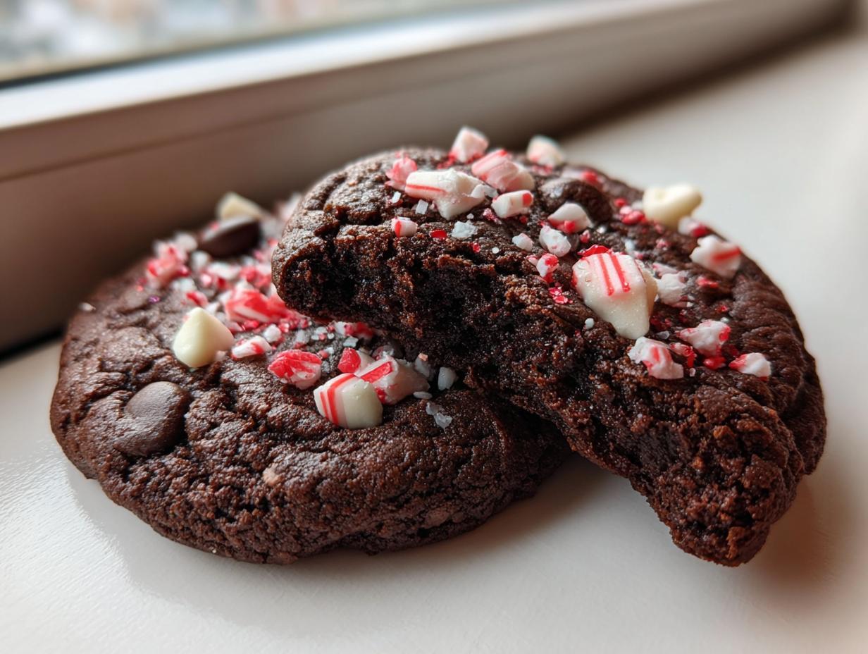 Two fudgy chocolate peppermint cookies topped with crushed candy canes and white chocolate chips.