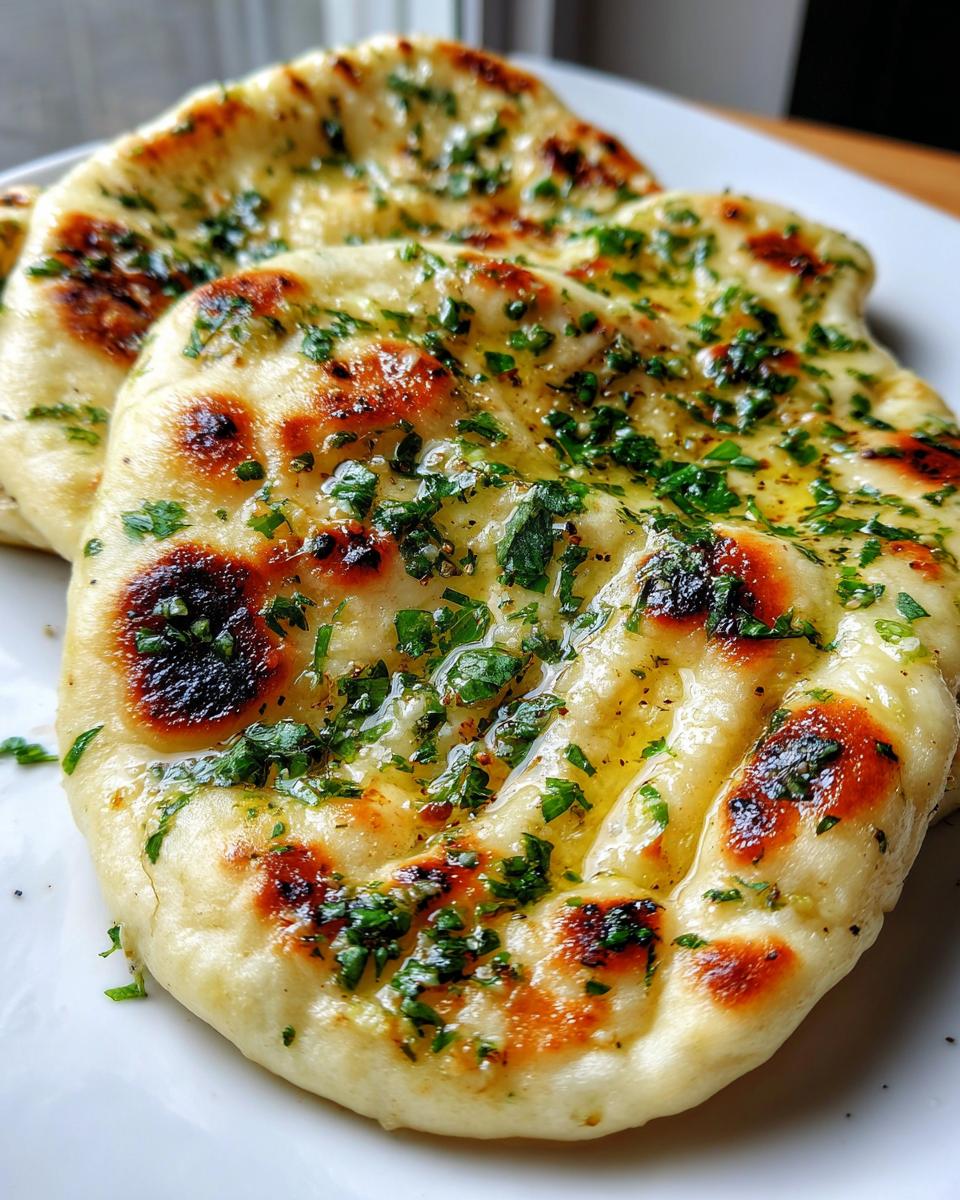Close-up of freshly cooked naan bread brushed with melted butter and topped with fresh green herbs.
