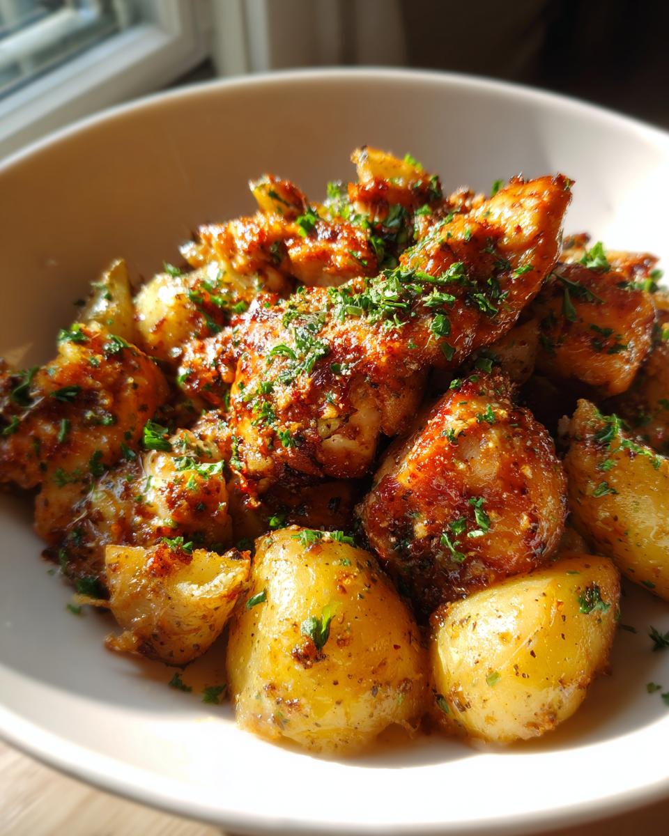 Close-up of golden brown garlic parmesan chicken and potatoes coated in sauce and topped with fresh parsley.