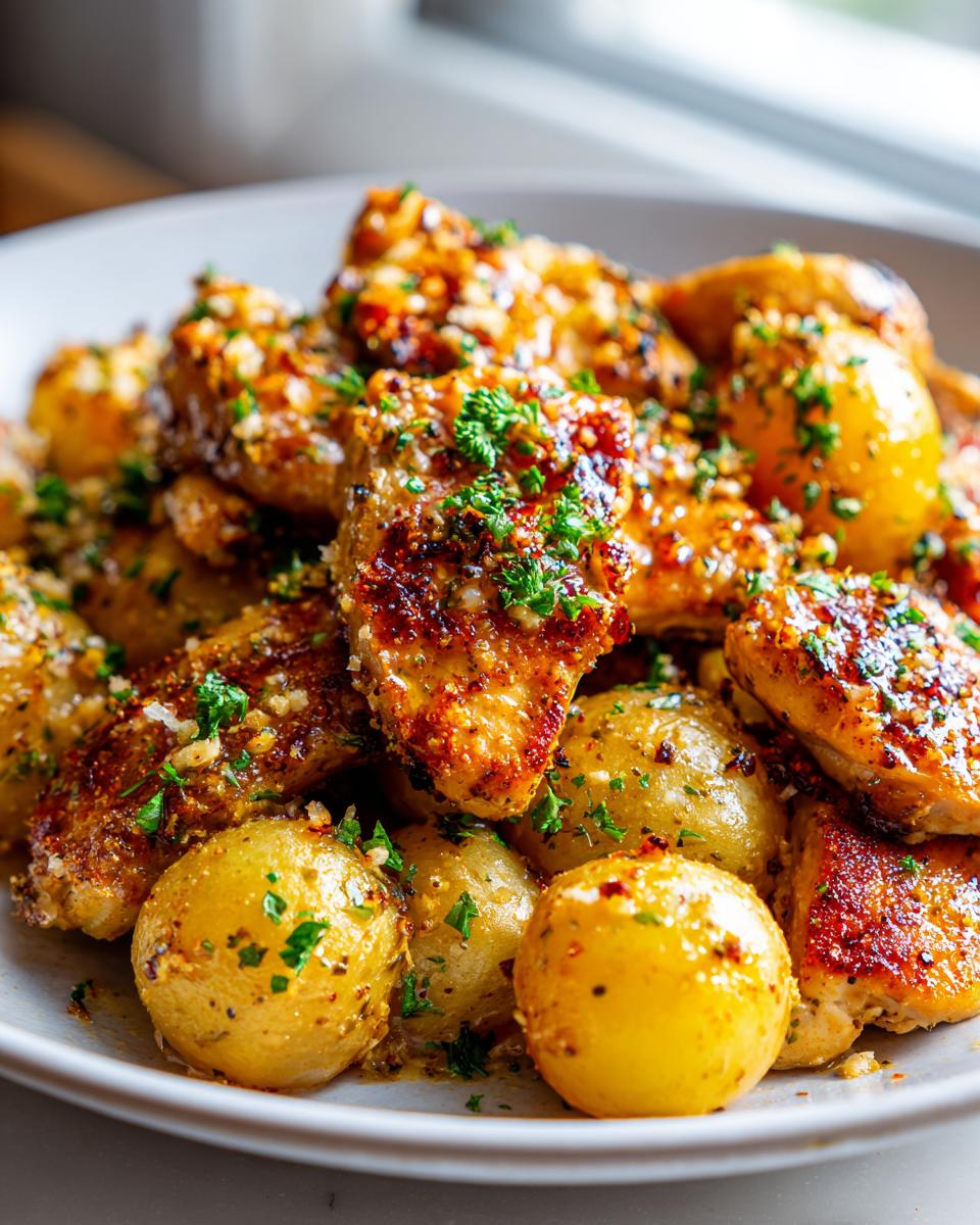 A close-up of golden brown garlic parmesan chicken and small roasted potatoes garnished with fresh parsley.